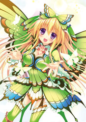  blonde_hair blush bow breasts bug butterfly butterfly_wings cleavage commentary_request dress fairy female green_wings hair_ornament hairband insect_wings kizuki_erika large_breasts long_hair monster_hunter_(character) monster_hunter_(series) monster_hunter_portable_3rd multicolored_clothes multicolored_dress open_mouth purple_eyes red_eyes rhopessa_(armor) ribbon skirt smile solo thighhighs wings 