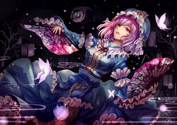  butterfly fan hat japanese_clothes kiyomasa_ren pink_eyes pink_hair saigyouji_yuyuko signed touhou 