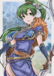  aiueo1234853 arrow_(projectile) bad_id bad_twitter_id bow_(weapon) cape commentary_request earrings female fingerless_gloves fire_emblem fire_emblem:_the_blazing_blade fire_emblem_heroes fur_cape gloves green_eyes green_hair hair_ornament highres holding holding_bow_(weapon) holding_weapon jewelry long_hair lyn_(brave_lady)_(fire_emblem) lyn_(fire_emblem) muneate open_mouth ponytail quiver short_sleeves side_slit solo weapon 