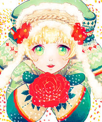  ao_nago bad_id bad_pixiv_id blonde_hair female flower hair_flower hair_ornament hat original red_flower red_rose rose solo 