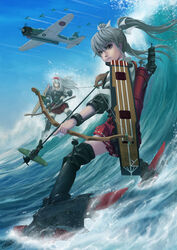  2girls aircraft airplane arrow_(projectile) b5n battle boots bow_(weapon) brown_eyes commentary english_commentary flight_deck grey_hair hair_ribbon hairband japanese_clothes kantai_collection long_hair multiple_girls muneate ocean okita photoshop_(medium) quiver ribbon shoukaku_(kancolle) skirt thigh_boots thighhighs torpedo twintails water weapon white_hair zuikaku_(kancolle) 