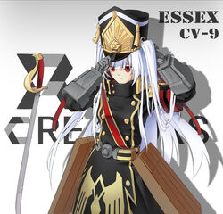  altair_(re:creators) altair_(re:creators)_(cosplay) character_name commentary_request cosplay essex_(warship_girls_r) female gloves hat highres long_hair look-alike military military_uniform photoshop_(medium) re:creators red_eyes sword uniform very_long_hair warship_girls_r weapon white_hair yilei 