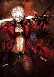  1boy abs back-to-back banpai_akira bat_wings belt commentary_request crossover dante_(devil_may_cry) devil_may_cry_(series) devil_may_cry_3 force_edge_(dmc) grey_eyes grin jacket light_purple_hair looking_at_viewer navel open_belt open_clothes open_jacket over_shoulder pants remilia_scarlet short_hair smile sword touhou weapon weapon_over_shoulder white_hair wings 