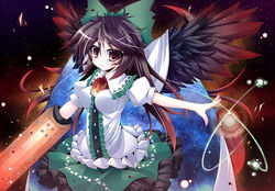  arm_cannon black_hair black_wings bow breasts cape commentary_request female frills futase_hijiri green_bow green_skirt hairbow impossible_clothes long_hair medium_breasts red_eyes reiuji_utsuho skirt smile solo third_eye touhou weapon wings 