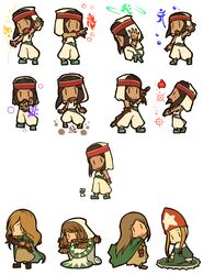  5girls blonde_hair boots brown_hair cape chibi dark_skin female final_fantasy final_fantasy_tactics gloves hat headband highres hood knight knight_(fft) long_hair milleuda_folles miluda_folles mmgrkmnk multiple_girls open_mouth rapha_galthena robe short_hair staff time_mage time_mage_(fft) white_mage white_mage_(fft) 