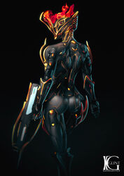  ass bad_artstation_id bad_id battle_rifle black_background black_bodysuit bodysuit ember_(warframe) ember_prime_(warframe) feet_out_of_frame female fire from_behind gun helmet highres holding holding_gun holding_weapon kevin_glint neon_trim orokin_(warframe) photoshop_(medium) primary_weapon_(warframe) prime_warframe rifle solo warframe weapon 