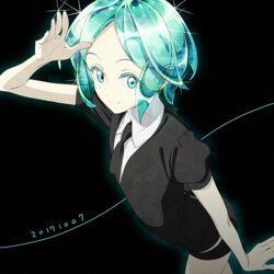  1other androgynous aqua_eyes aqua_hair commentary_request gem_uniform_(houseki_no_kuni) green_eyes green_hair houseki_no_kuni looking_at_viewer lowres necktie other_focus phosphophyllite salute short_hair smile solo sparkle tsugai_houseki uniform 