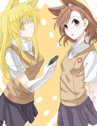  2girls :o ;) animal_ears blonde_hair brown_eyes brown_hair cat_ears colored_eyelashes commentary controller elbow_gloves gloves hikari123456 kemonomimi_mode lace lace-trimmed_gloves lace_trim long_hair looking_at_viewer misaka_mikoto multiple_girls one_eye_closed pleated_skirt remote_control school_uniform shokuhou_misaki short_hair short_sleeves skindentation skirt smile spider_web_print star-shaped_pupils star_(symbol) summer_uniform sweater_vest symbol-shaped_pupils thighhighs toaru_kagaku_no_railgun toaru_majutsu_no_index tokiwadai_school_uniform white_gloves white_legwear yellow_background yellow_eyes zettai_ryouiki 