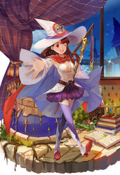  ;d absurdres belt book boots breasts brown_hair buttons cape choker cleavage clothing_cutout cloud cloudy_sky clover commentary_request cosplay curtains female four-leaf_clover hat highres kagari_atsuko little_witch_academia long_hair miniskirt mizukiyan mushroom navel navel_cutout night night_sky one_eye_closed open_mouth photoshop_(medium) reaching reaching_towards_viewer red_eyes shiny_chariot shiny_chariot_(cosplay) skirt sky small_breasts smile sparkle test_tube thigh_boots thighhighs wand witch_hat wizard_hat 