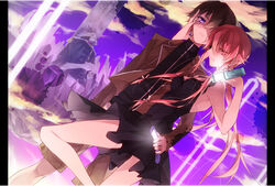  0731sa amano_yukiteru brown_hair deus_ex_machina_(mirai_nikki) dress gasai_yuno long_hair male mirai_nikki phone red_hair short_hair 