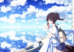  ;d a.a_(aa772) animal arm_support backpack bag balcony bird blue_eyes blue_shorts blue_sky brown_hair cloud cloudy_sky commentary_request day female gondola hair_between_eyes hakama-chan_(aa) high_ponytail highres long_hair oar one_eye_closed open_mouth original outdoors ponytail railing reflection salar_de_uyuni shirt short_shorts short_sleeves shorts sidelocks sky smile solo white_shirt 