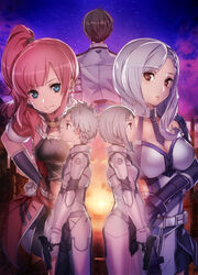  2boys 3girls absurdres afasys albino back-to-back belt black_hair black_necktie blue_eyes bodysuit breasts brown_eyes bunbun character_request cleavage collarbone gloves grey_gloves grey_hair gun hand_on_own_hip high_side_ponytail highres holding holding_gun holding_weapon kureha_(sao:fb) large_breasts leaning_forward long_hair looking_at_viewer medium_breasts miniskirt mole mole_under_eye multiple_boys multiple_girls necktie official_art parted_lips photoshop_(medium) short_hair_with_long_locks short_necktie short_sleeves side_ponytail sidelocks silver_hair skirt sky sleeveless smile standing star_(sky) starry_sky sword_art_online sword_art_online:_fatal_bullet weapon zeliska 