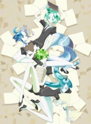  4others ahoge alexandrite_(houseki_no_kuni) androgynous aqua_eyes aqua_hair blue_eyes blue_hair clipboard commentary_request euclase_(houseki_no_kuni) frown gem_uniform_(houseki_no_kuni) green_eyes green_hair grey_hair heterochromia houseki_no_kuni long_hair looking_at_viewer multicolored_hair multiple_others necktie paper peridot_(houseki_no_kuni) phosphophyllite short_hair shorts smile tsugai_houseki uniform white_eyes white_hair 