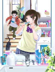  1boy :d animal backpack bad_id bad_pixiv_id bag bathroom bell black_cat black_eyes black_hair blue_skirt blunt_bangs blurry bottle bow bowtie brother_and_sister brown_hair brushing_teeth clenched_hands clock collar collared_shirt commentary_request depth_of_field digital_clock faucet feline female green_pants half_updo head_tilt heart heart_print highres holding hood hood_down hooded_jacket jacket jingle_bell leaning_to_the_side leg_up long_sleeves mirror neck_bell notebook open_clothes open_jacket open_mouth open_window original pants pimple plant pleated_skirt pointing ponytail power_lines purple_bow purple_bowtie reflection running school_uniform segment_display shirt short_hair short_ponytail siblings sink skirt smile soap spiked_hair stairs striped_bow striped_bowtie striped_clothes sweater_vest taka_(tsmix) teeth tissue tissue_box towel tree upper_teeth_only vines water_drop white_legwear white_shirt window wings 