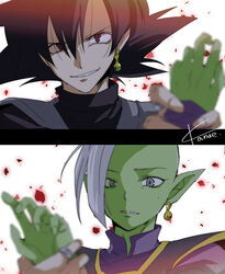  2boys black_hair dragon_ball dragon_ball_super earrings fanae flower_petals gokuu_black gray_eyes green_skin grin male_focus multiple_boys pointy_ears ring white_hair zamasu 