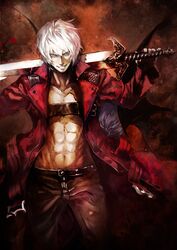  1boy abs back-to-back bad_id bad_nicoseiga_id banpai_akira bat_wings belt crossover dante_(devil_may_cry) devil_may_cry_(series) devil_may_cry_3 female force_edge_(dmc) grey_eyes grin groin highres jacket light_purple_hair looking_at_viewer navel open_belt open_clothes open_jacket over_shoulder pants remilia_scarlet short_hair smile sword touhou weapon weapon_over_shoulder white_hair wings 