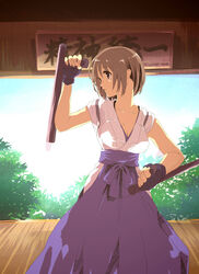  absurdres bad_id bad_pixiv_id breasts brown_hair cleavage day female fighting_stance fingerless_gloves gloves hakama hakama_skirt highres japanese_clothes jpeg_artifacts kobanzame medium_breasts original outdoors purple_hakama short_hair skirt sky solo tonfa tree weapon 