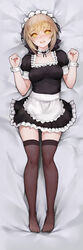  +_+ :d apron artoria_pendragon_(fate) bad_id bad_pixiv_id bed_sheet black_bow black_dress black_ribbon black_thighhighs blonde_hair blush bow breasts carnival_phantasm choker dakimakura_(medium) dress fate_(series) female frilled_apron frilled_dress frills full_body hair_ribbon highres light_brown_hair looking_at_viewer lying maid_headdress no_shoes on_back open_mouth photoshop_(medium) puffy_short_sleeves puffy_sleeves ribbon ribbon_trim rotain saber_alter short_dress short_sleeves small_breasts smile solo symbol-shaped_pupils thighhighs waist_apron white_apron wrist_cuffs yellow_eyes zettai_ryouiki 