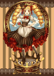  blonde_hair commentary_request dress drill_hair falseele female flower hat highres long_hair open_mouth original red_eyes ribbon rose solo twin_drills twintails wand 