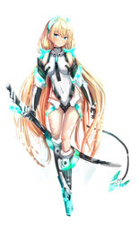  absurdres akatsukiame angela_balzac armor bare_shoulders blonde_hair blue_eyes bodysuit breasts commentary covered_navel detached_sleeves deva_battle_suit elbow_gloves expressionless female floating full_body gloves greaves highres holding holding_sword holding_weapon legs leotard long_hair long_sleeves medium_breasts rakuen_tsuihou simple_background skin_tight sword symbol-only_commentary thigh_gap very_long_hair weapon white_background 