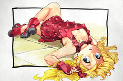  ass bare_shoulders blonde_hair blue_eyes bokkusu boots bracelet breasts collar commentary_request dress effie_(street_fighter) female fingerless_gloves fingernails full_body gloves jewelry leg_up lying medium_breasts on_back open_mouth red_dress red_footwear red_gloves short_dress solo spiked_boots spiked_bracelet spiked_footwear spikes street_fighter street_fighter_iii_(series) twintails 