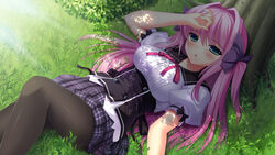  blush grass green_eyes long_hair original pantyhose pink_hair ribbons skirt yuugure 