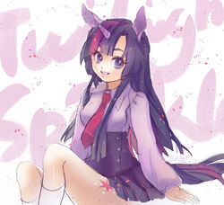  animal_ears character_name commentary dated english_commentary female flyleaf grin horns long_hair multicolored_hair my_little_pony my_little_pony:_friendship_is_magic necktie personification photoshop_(medium) purple_eyes purple_hair signature single_horn sitting skirt smile streaked_hair tattoo twilight twilight_sparkle_(mlp) 