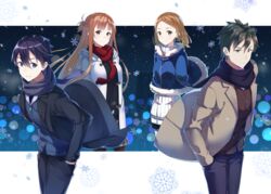  .com_(bot_com1) 2boys 2girls asuna_(sao) blue_eyes braid braided_bangs brown_eyes brown_hair commentary_request eiji_(sao) hands_in_pockets highres kirito long_hair looking_at_viewer multiple_boys multiple_girls scarf shigemura_yuuna short_hair smile snowflakes sword_art_online 