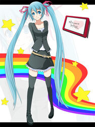  aqua_hair arms_behind_back belt blue_eyes blush casual commentary_request female hair_ribbon hatsune_miku koumei_(harmonizer) legs long_hair photoshop_(medium) rainbow rainbow_path ribbon skirt smile solo thighhighs twintails very_long_hair vocaloid zettai_ryouiki 