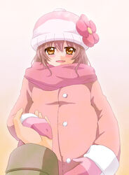  bad_id bad_pixiv_id blush brown_eyes brown_hair clannad coat female furukawa_nagisa hat highres mittens pov pregnant short_hair solo winter_clothes winter_coat yuzuki_kisa 