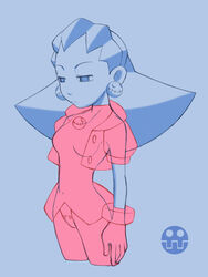  blue_background blue_theme commentary_request cropped_jacket cropped_legs crotch_plate earrings female gloves hair_pulled_back jewelry kazutora mega_man_(series) mega_man_legends_(series) monochrome pantyhose pink_theme simple_background solo tron_bonne_(mega_man) 