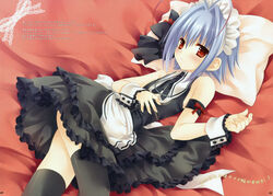  1boy blue_hair blush cherry_girls crossdressing frills hair_ribbon highres lying maid maid_headdress male_focus male_maid necktie otoko_no_ko otoko_no_ko_wa_meido_fuku_ga_osuki!? photoshop_(medium) pillow red_eyes red_hair ribbon short_hair solo tatekawa_mako thighhighs wrist_cuffs yuki_(otosuki) zettai_ryouiki 