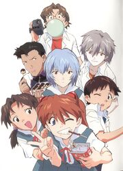  3girls 4boys absurdres aida_kensuke ayanami_rei blue_eyes blue_hair brown_eyes brown_hair camcorder everyone food freckles glasses grey_hair highres horaki_hikari ikari_shinji morioka_hideyuki multiple_boys multiple_girls nagisa_kaworu neon_genesis_evangelion official_art open_mouth red_eyes red_hair scan school_uniform short_hair smile souryuu_asuka_langley suzuhara_touji takoyaki twintails v video_camera 