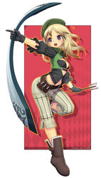  arrow_(projectile) blonde_hair blush boots bow_(weapon) breasts brown_hair cleavage commentary_request fantasy_earth fantasy_earth_zero female gloves hat iyokawa long_hair medium_breasts midriff navel scout_(fantasy_earth) solo sweatdrop weapon 