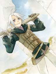  1boy arita_youko blue_eyes cloud commentary_request day final_fantasy final_fantasy_iii gloves luneth male_focus nib_pen_(medium) painting_(medium) pillar ponytail sheath sheathed sky smile solo standing sword traditional_media watercolor_(medium) weapon white_hair 