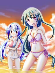  2girls ball beachball bikini blue_hair brown_eyes commentary_request green_hair long_hair minato_teisyoku multiple_girls one-piece_swimsuit original red_eyes school_swimsuit sunset swimsuit twintails wading white_one-piece_swimsuit 