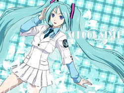  aqua_background aqua_hair aqua_nails bad_id bad_pixiv_id blazer blue_eyes breasts buttons character_name colored_eyelashes cowboy_shot dutch_angle english_text female flower hair_ornament halftone hand_on_own_head hand_up hatsune_miku headset iga_tomoteru jacket long_hair long_sleeves miniskirt nail_polish necktie parted_bangs plaid plaid_background pleated_skirt pocket project_diva project_diva_(series) school_(module) school_uniform skirt small_breasts solo standing twintails very_long_hair vocaloid wing_collar zoom_layer 