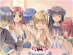  1boy 5girls air_(visual_novel) birthday black_hair blonde_hair blue_hair cake chicken_(food) eating food grey_hair kamio_haruko kamio_misuzu kirishima_kano kunisaki_yukito michiru_(air) multiple_girls mutsuki_(moonknives) pastry red_hair tears toono_minagi 