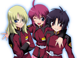  2boys ;d ahoge artist_request belt black_hair blonde_hair blue_eyes blush female gundam gundam_seed gundam_seed_destiny hug long_hair lunamaria_hawke military military_uniform multiple_boys one_eye_closed photoshop_(medium) pink_hair purple_eyes red_eyes rey_za_burrel shinn_asuka short_hair smile uniform zaft_uniform 