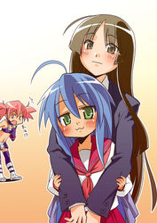  3girls :3 ahoge akiyama_mio bad_id bad_pixiv_id blue_hair brown_eyes brown_hair crossover disgaea etna_(disgaea) green_eyes hug hug_from_behind izumi_konata k-on! kaeru_kenshi long_hair lucky_star multiple_girls ryouou_school_uniform sakuragaoka_high_school_uniform school_uniform serafuku 