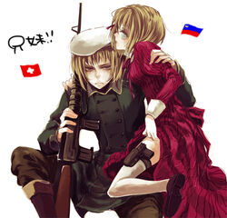  1boy assault_rifle axis_powers_hetalia beret blonde_hair clothes_lift commentary_request dress dress_lift female flag gun handgun hat holster hys122211 liechtenstein_(hetalia) liechtensteiner_flag military military_uniform protecting rifle short_hair siblings striped swiss_flag switzerland_(hetalia) thigh_holster thighhighs uniform weapon white_thighhighs 