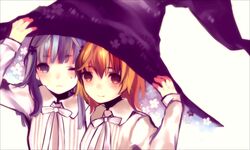  2girls bad_id bad_pixiv_id blush brown_hair hat highres long_hair multiple_girls original shared_hat short_hair smile tan_(tangent) witch_hat 