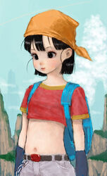  babydoll_t-shirt backpack bad_id bad_pixiv_id bag bandana belt black_eyes black_hair blush chains crop_top cropped_shirt dragon_ball dragon_ball_gt female flat_chest lolicon midriff navel outdoors pan_(dragon_ball) ponsuke_(pon00000) short_hair smile solo standing 