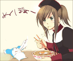  alternate_costume bowl brown_hair chopsticks commentary_request eating egg female food food_in_mouth green_eyes kamaboko lowres maid_headdress meandros mieu_(tales) narutomaki noodles official_alternate_costume ponytail ramen solo sunege tales_of_(series) tales_of_the_abyss tear_grants tear_grants_(proud_maid) translation_request 