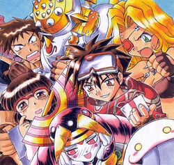  1990s_(style) 2boys 3girls blonde_hair blush brown_eyes brown_hair eyepatch fingerless_gloves ghost gift glasses gloves goggles hammer kusaka_yuuya meis_triumph multiple_boys multiple_girls muza_grifford nelsha_stylus official_art photoshop_(medium) ratchet_(thousand_arms) retro_artstyle thousand_arms tongue wyna_grapple 