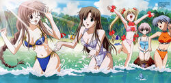  5girls :d ;d \o/ ^_^ anklet aqua_eyes armpits arms_up bandeau barefoot beach bikini blonde_hair blue_bikini blue_hair blue_one-piece_swimsuit blue_sky braid breasts brown_hair casual_one-piece_swimsuit character_name clenched_hand clenched_hands closed_eyes clothes_writing cloud cowboy_shot day expressionless eye_contact fish fishing fishing_line fishing_rod floral_print flower frilled_one-piece_swimsuit frills front-tie_top glasses gokajou_satsuki grey_eyes grey_hair hair_between_eyes hair_flower hair_intakes hair_ornament hair_ribbon halterneck hands happy happy_lesson highres holding ichimonji_mutsuki inflatable_dolphin inflatable_raft inflatable_toy jewelry jumping leaning_forward leg_lift lens_flare light_rays long_hair looking_at_another low_twintails megami_magazine mountain multiple_girls navel ninomai_kisaragi ocean official_art one-piece_swimsuit one_eye_closed open_mouth orange_bikini orange_eyes outdoors outstretched_arms outstretched_hand palm_tree parted_bangs photoshop_(medium) pink_bikini plaid print_swimsuit profile ribbon riding running sanzen&#039;in_yayoi scan seiza shitenno_uzuki short_hair side-tie_bikini_bottom sidelocks single_braid sitting sky small_breasts smile sparkle splashing sports_bikini standing sunbeam sunlight swimsuit taut_clothes taut_swimsuit tree turtle twintails umbrella very_long_hair wading watanabe_mayumi water wince yellow_eyes 