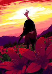  black_hair commentary_request evening female field flower flower_field flower_request from_behind hands long_hair orange_sky original outstretched_arm outstretched_hand pink_sky reaching red_flower sky solo sunset yellow_sky yukihiko 