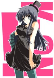  akiyama_mio aqua_pantyhose black_dress black_eyes black_hair commentary_request detached_sleeves don&#039;t_say_&quot;lazy&quot; dress facepaint female hand_on_own_hip hat k-on! long_hair pantyhose solo souyoku top_hat 