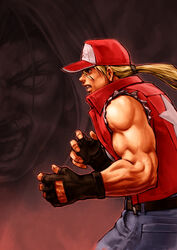  1boy baseball_cap belt buckle clenched_hands commentary_request cowboy_shot denim fatal_fury fatal_fury_cap fighting_stance from_side hat jeans male_focus muscular pants photoshop_(medium) rugal_bernstein simulex solo terry_bogard the_king_of_fighters upper_body 