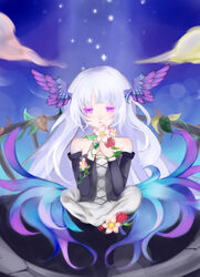  bad_id bad_pixiv_id dress female flower gwendolyn_(odin_sphere) hair_down head_wings long_hair odin_sphere purple_eyes solo souka_(souspirit) strapless strapless_dress white_hair wings 